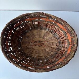 Vintage Handwoven Wicker/Cane Round Basket - Multi-Color Brown/Orange/Green
